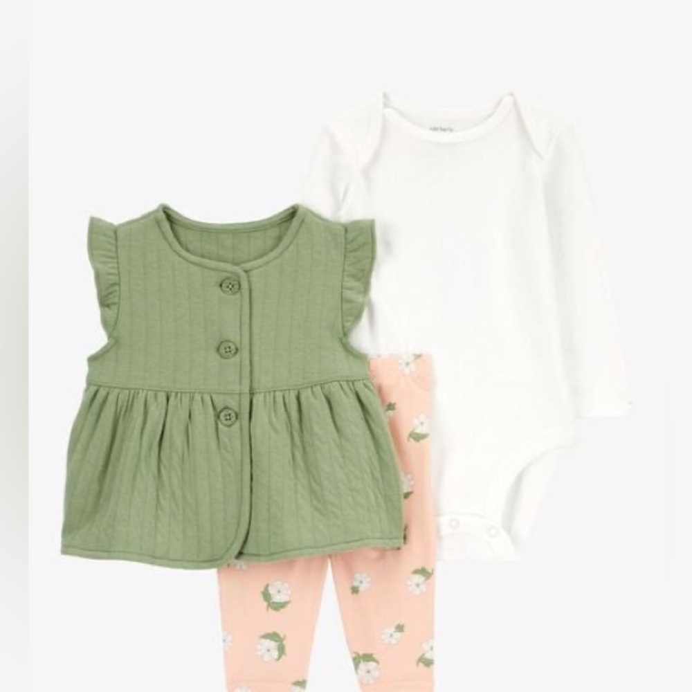 Carter's Sage Green Top with White Bodysuit and Peach Floral Leggings